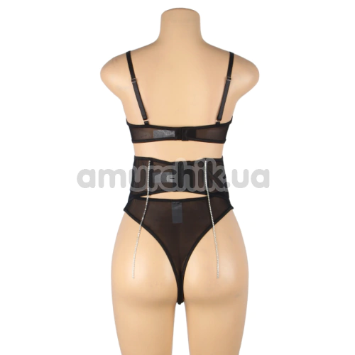 Комплект Star Night Luxury Rhinestone Lingerie Set, чорний: бюстгальтер + трусики-стрінги + корсет
