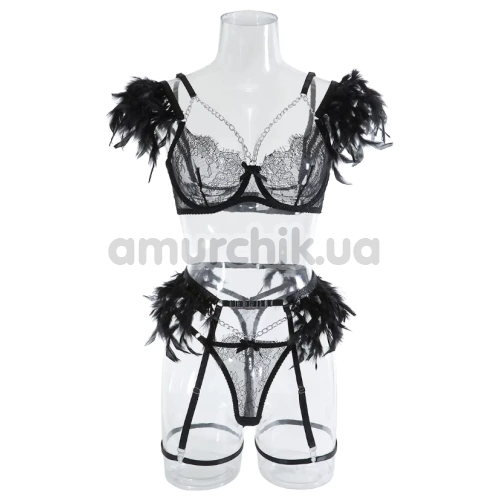 Комплект Star Night Sensual Feather & Chains, черный: бюстгальтер + трусики-стринги + пояс для чулок + гартеры