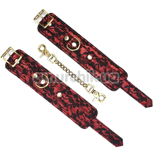 Фіксатори для рук Liebe Seele Victorian Garden Lace and Vegan Leather Handcuffs, червоно-чорні