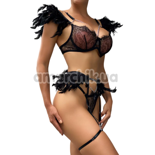 Комплект Star Night Sensual Feather & Chains, черный: бюстгальтер + трусики-стринги + пояс для чулок + гартеры