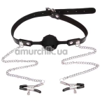 Кляп із затискачами для сосків SM Flirting Ball Gag With Nipple Clamps, чорний - Фото №1