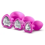 Набор анальных пробок с прозрачными кристаллами в виде сердечек Luxe Bling Plugs Trainer Kit, розовый - Фото №1