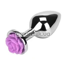 Анальная пробка с сиреневой розочкой Loveshop Flower, серебряная - Фото №1