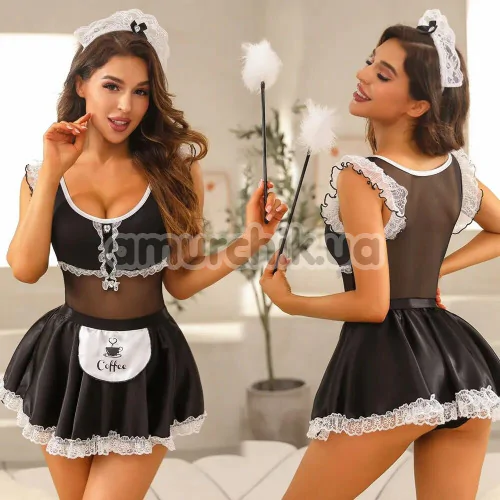 Костюм горничной JSY Sexy Lingerie 8308, черный: боди + юбка + головной убор + метелка