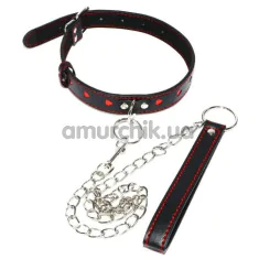 Нашийник з повідцем DS Fetish Collar With Heart And Leash, чорно-червоний - Фото №1