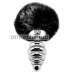 Анальна пробка з чорним хвостиком Alive Anal Pleasure Metal Anal Fluffy Twist Plug M, срібна - Фото №1