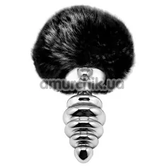 Анальная пробка с черным хвостиком Alive Anal Pleasure Metal Anal Fluffy Twist Plug M, серебряная - Фото №1