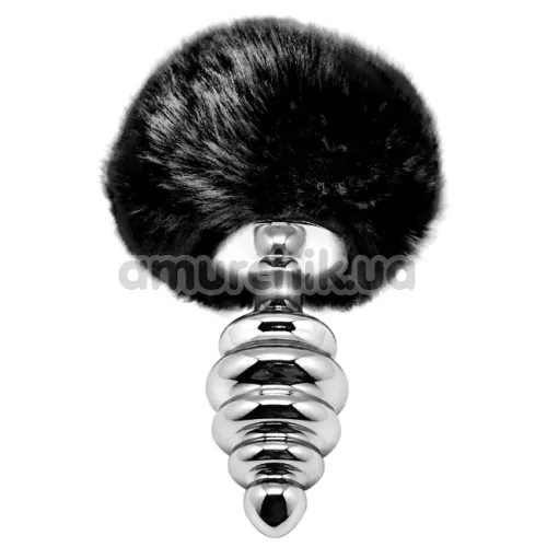 Анальная пробка с черным хвостиком Alive Anal Pleasure Metal Anal Fluffy Twist Plug M, серебряная - Фото №1