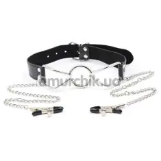 Кляп-кольцо с зажимами для сосков DS Fetish Metal Ring Gag With Nipple Clamps S, черный - Фото №1