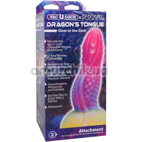 Фалоімітатор Doc Johnson Vac-U-Lock x Fantasy Fuckers Dragon's Tongue - світиться в темряві, рожево-фіолетовий