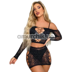 Комплект Star Night Hollow Rhinestone Set, чорний: топ + спідниця - Фото №1