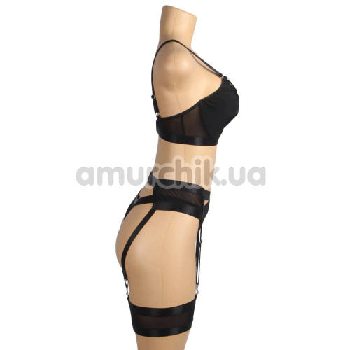 Комплект Star Night Lace Underwire, чорний: бюстгальтер + пояс для панчіх + трусики-стрінги