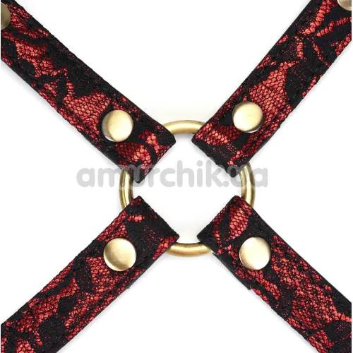 Ремінці для фіксаторів Liebe Seele Victorian Garden Lace and Vegan Leather Hog Tie with Clips, червоно-чорні
