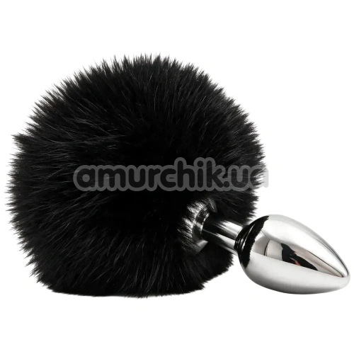 Анальна пробка з чорним хвостиком DS Fetish Metal Plug With Bunny Tail, срібна