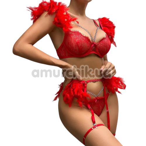Комплект Star Night Sensual Feather & Chains, красный: бюстгальтер + трусики-стринги + пояс для чулок + гартеры