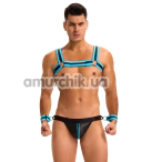 Комплект мужской Star Night Men's Set With Harness & Wrist Restraints, черно-голубой: портупея + трусы-джоки + фиксаторы для рук - Фото №1