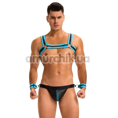 Комплект мужской Star Night Men's Set With Harness & Wrist Restraints, черно-голубой: портупея + трусы-джоки + фиксаторы для рук - Фото №1