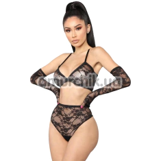 Комплект Star Night Lace Lingerie With Long Gloves, черный: бюстгальтер + трусики + перчатки - Фото №1