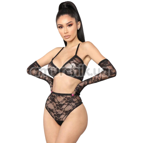 Комплект Star Night Lace Lingerie With Long Gloves, черный: бюстгальтер + трусики + перчатки - Фото №1