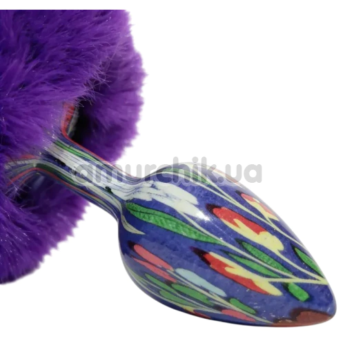 Анальна пробка з фіолетовим хвостиком Alume Floral Metal Plug With Tail S, синя