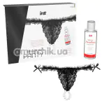 Набор Intt Brazilian Panty: черные трусики с жемчужным кольцом + оральный лубрикант Sexy Strawberry Sliding Gel - клубника, 50 мл - Фото №1