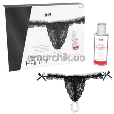 Набор Intt Brazilian Panty: черные трусики с жемчужным кольцом + оральный лубрикант Sexy Strawberry Sliding Gel - клубника, 50 мл - Фото №1