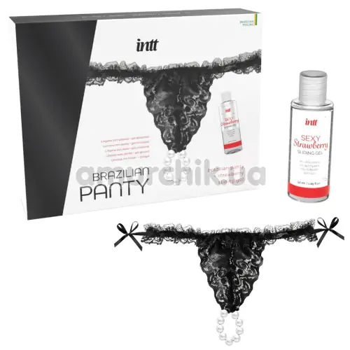 Набор Intt Brazilian Panty: черные трусики с жемчужным кольцом + оральный лубрикант Sexy Strawberry Sliding Gel - клубника, 50 мл - Фото №1