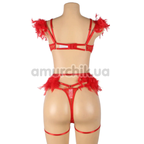 Комплект Star Night Sensual Feather & Chains, красный: бюстгальтер + трусики-стринги + пояс для чулок + гартеры
