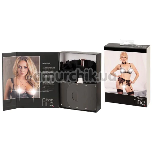Комплект Abierta Fina Velvet Bra Set черный: бюстгальтер + пояс для чулок + трусики-стринги