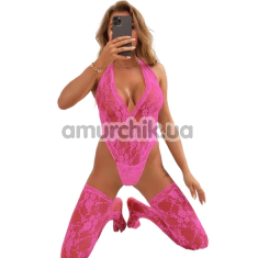 Комплект Star Night Sexy Sleeveless Floral Lace Set, розовый: боди + чулки - Фото №1