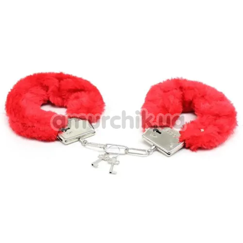 Наручники з червоним хутром DS Fetish Handcuffs, срібні