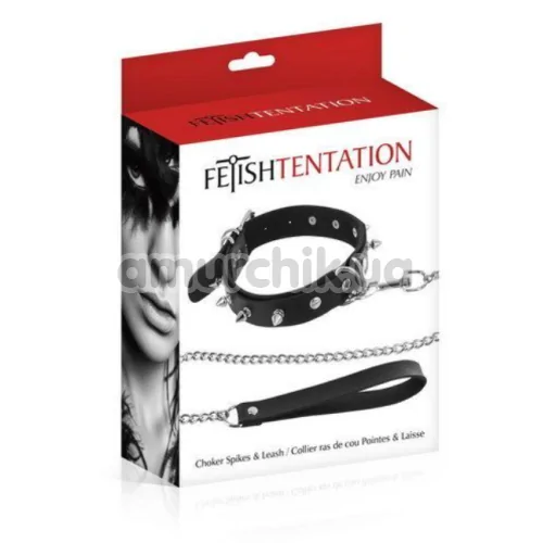Ошейник с поводком Fetish Tentation Choker Spikes and Leash, чёрный