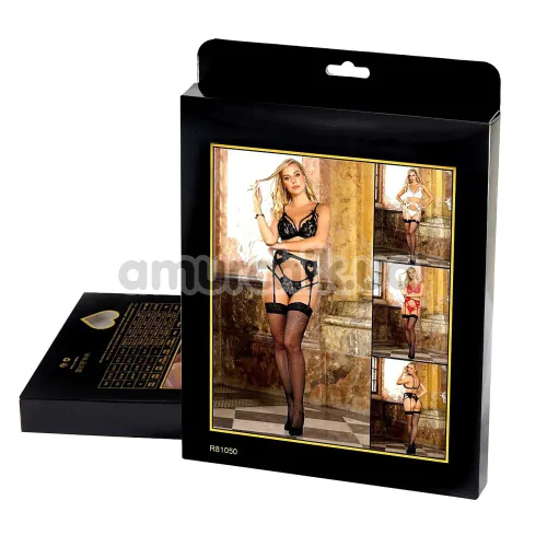 Комплект Star Night Lacie Heart Set, чорний: бюстгальтер + трусики-стрінги + пояс для панчіх