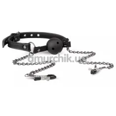 Кляп с зажимами для сосков Easy Toys Ball Gag With Air Holes & Nipple Clamps, черный - Фото №1