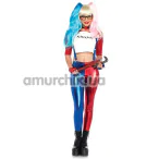 Костюм преступницы Leg Avenue Women's Misfit Hipster Harley Quinn, красно-синий: топ + леггинсы + подтяжки + перчатки + чокер + очки - Фото №1
