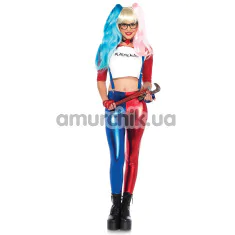 Костюм преступницы Leg Avenue Women's Misfit Hipster Harley Quinn, красно-синий: топ + леггинсы + подтяжки + перчатки + чокер + очки - Фото №1