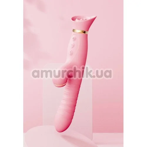 Вибратор с вакуумным стимулятором и толчками Zalo Rose Rabbit Thruster, розовый