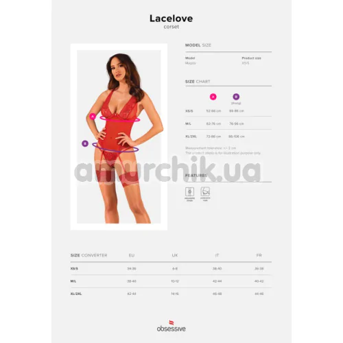 Комплект Obsessive Lacelove червоний: корсет + трусики-стрінги