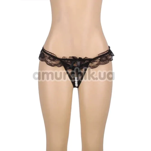 Трусики-стрінги Star Night Open Crotch Lace Ruffles Panties With Pearl, чорні