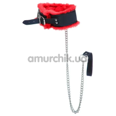 Ошейник с поводком DS Fetish Fur Collar With Metal Leash, черно-красный - Фото №1