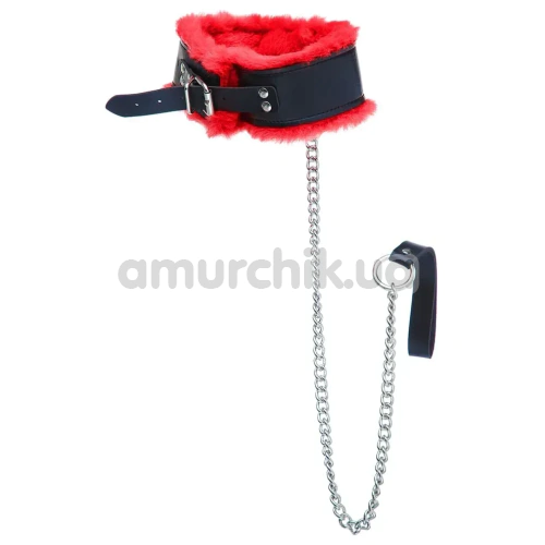 Ошейник с поводком DS Fetish Fur Collar With Metal Leash, черно-красный