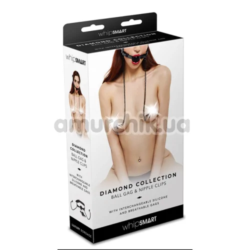 Кляп с зажимами для сосков Whipsmart Diamond Collection Ball Gag & Nipple Clips, черный