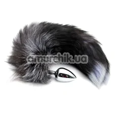 Анальна пробка з чорно-білим хвостиком Alive Anal Pleasure Black And White Fox Tail M, срібна - Фото №1