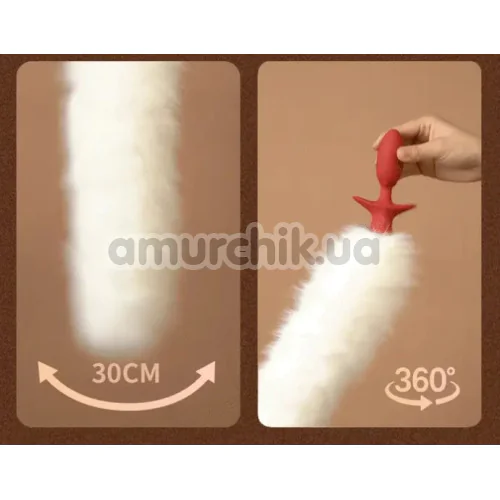 Анальная пробка с белым хвостиком, вибрацией и ротацией Upko Swinging & Vibrating Anal Plug, красная