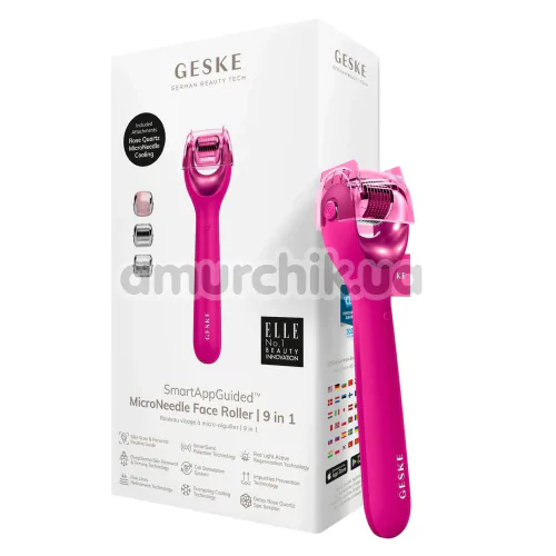 Массажер-роллер для лица с микроиглами Geske MicroNeedle Face Roller 9 in 1, ярко-розовый