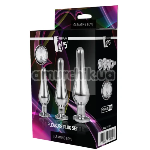 Набір з 3 анальних пробок з прозорим кристалом Gleaming Love Pleasure Plug Set, срібний