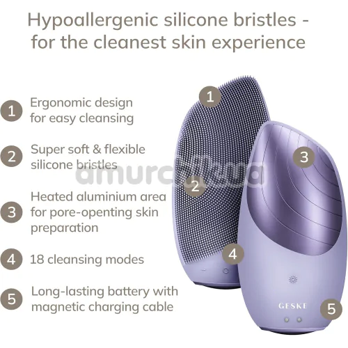 Ультразвуковая щетка для лица Geske Sonic Thermo Facial Brush 6 in 1, сиреневая