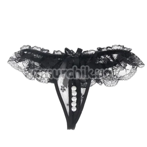 Трусики-стрінги Star Night Open Crotch Lace Ruffles Panties With Pearl, чорні