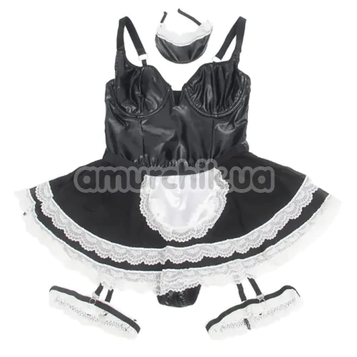 Костюм покоївки Star Night Maid Faux Leather Set, чорно-білий: боді + спідниця + підв'язки + обідок