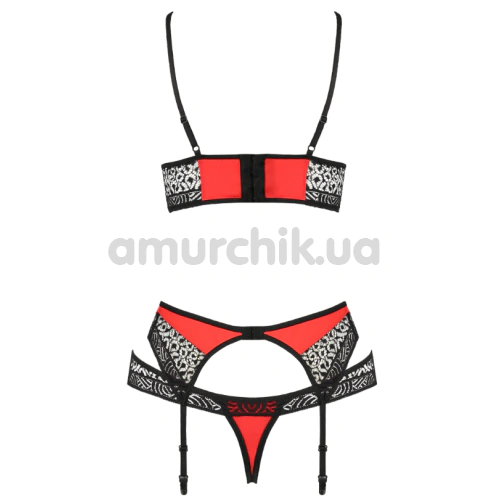 Комплект Passion Free Your Senses Scarlet Set, червоно-чорний: бюстгальтер-топ + трусики-стрінги + пояс для панчіх